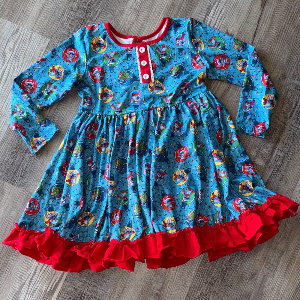 Blue Alien Christmas Print Dress with Red Ruffle Hem